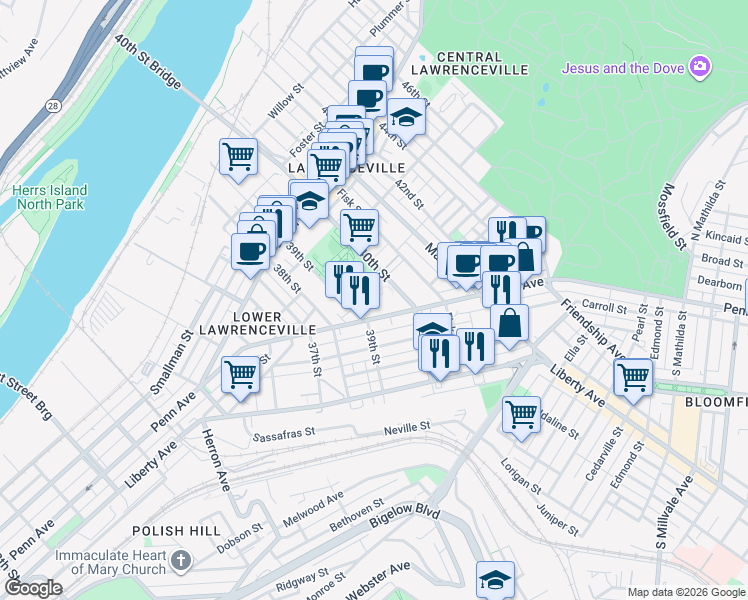 map of restaurants, bars, coffee shops, grocery stores, and more near 3901 Penn Avenue in Pittsburgh