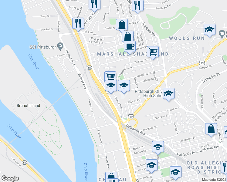 map of restaurants, bars, coffee shops, grocery stores, and more near 2454 Colorado Street in Pittsburgh
