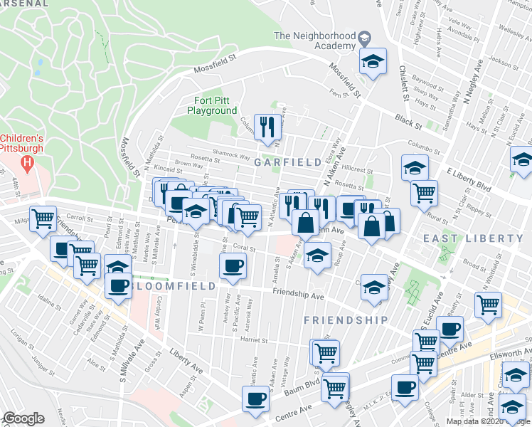 map of restaurants, bars, coffee shops, grocery stores, and more near 5227 Dearborn Street in Pittsburgh