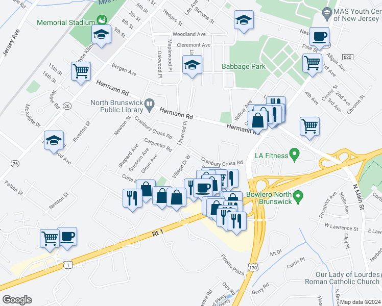 map of restaurants, bars, coffee shops, grocery stores, and more near 932 Village Drive West in North Brunswick Township