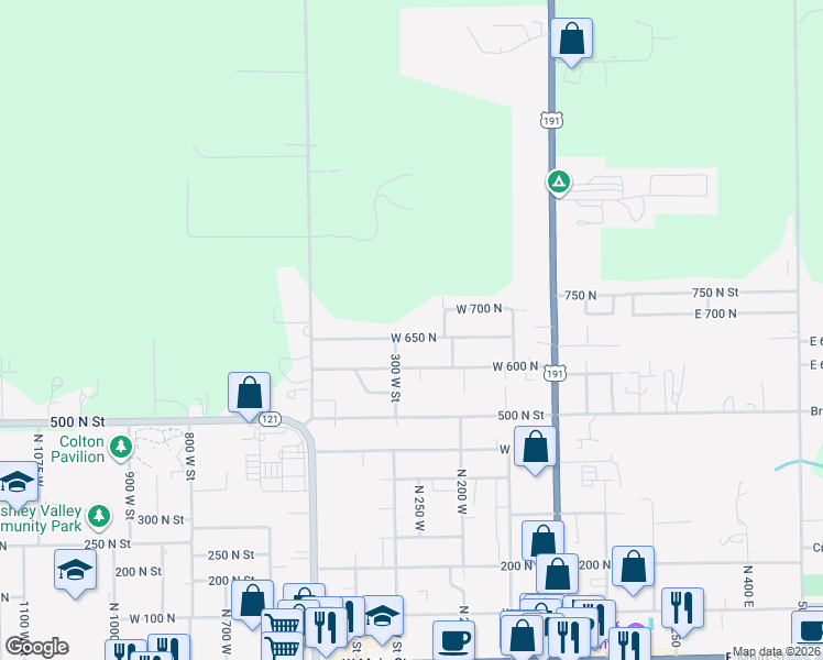 map of restaurants, bars, coffee shops, grocery stores, and more near 284 West 650 North in Vernal