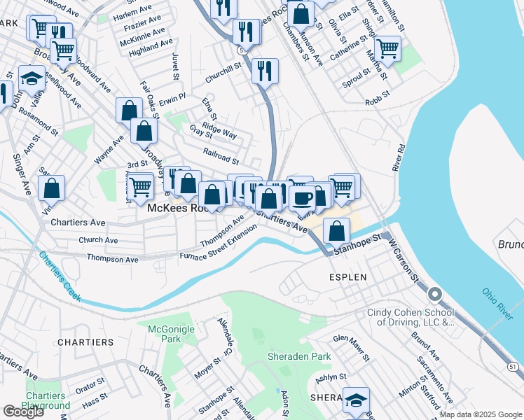 map of restaurants, bars, coffee shops, grocery stores, and more near 618 Chartiers Avenue in McKees Rocks