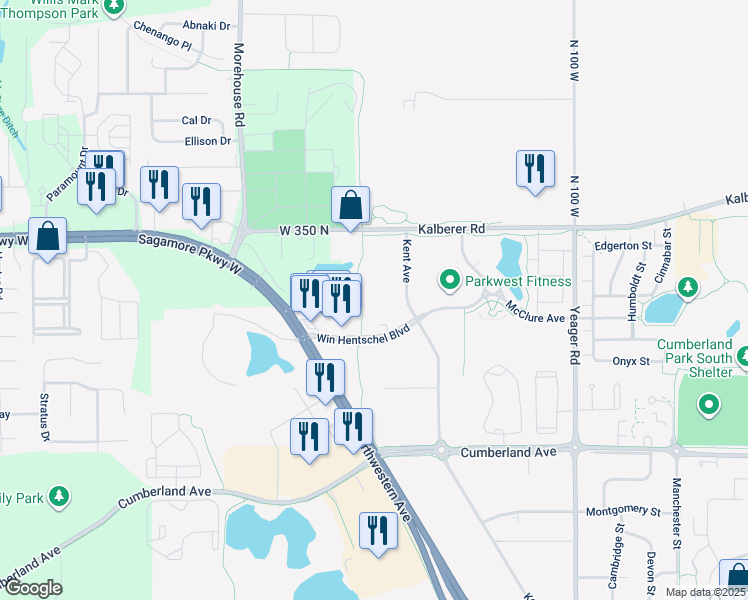 map of restaurants, bars, coffee shops, grocery stores, and more near 3315 Kent Avenue in West Lafayette
