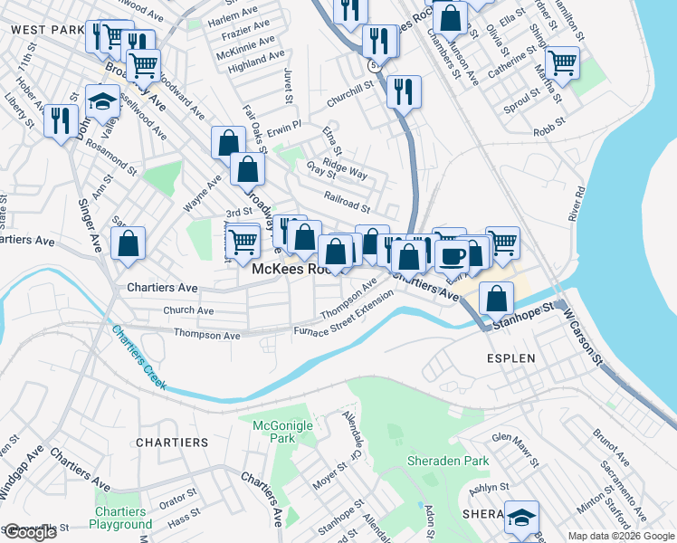 map of restaurants, bars, coffee shops, grocery stores, and more near 755 Chartiers Avenue in McKees Rocks