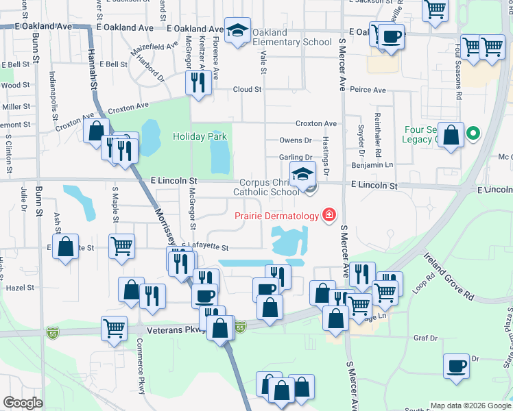 map of restaurants, bars, coffee shops, grocery stores, and more near 205 Meadowbrook Drive in Bloomington