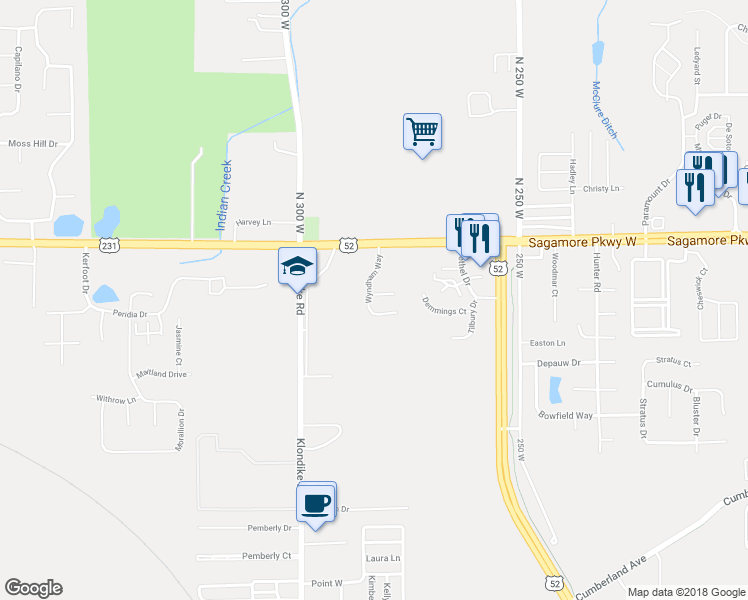 map of restaurants, bars, coffee shops, grocery stores, and more near 3361 Wyndham Way in West Lafayette