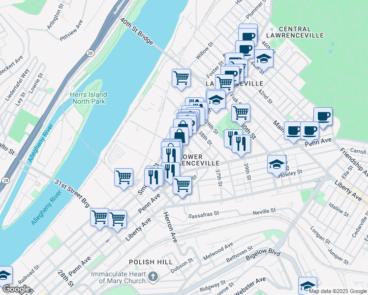 map of restaurants, bars, coffee shops, grocery stores, and more near 3601 Butler Street in Pittsburgh
