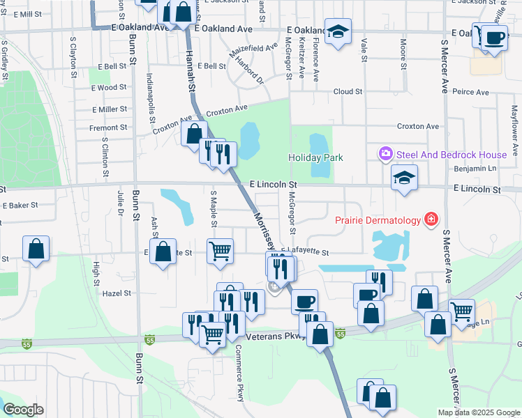 map of restaurants, bars, coffee shops, grocery stores, and more near 1205 Colonial Avenue in Bloomington