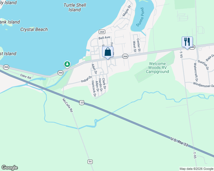 map of restaurants, bars, coffee shops, grocery stores, and more near 8119 Midway Drive in Russells Point