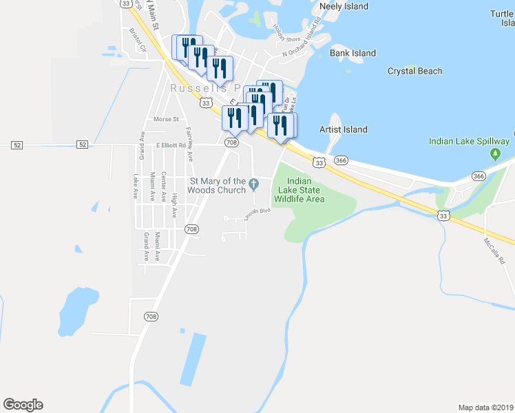 map of restaurants, bars, coffee shops, grocery stores, and more near 493 Madison Avenue in Russells Point