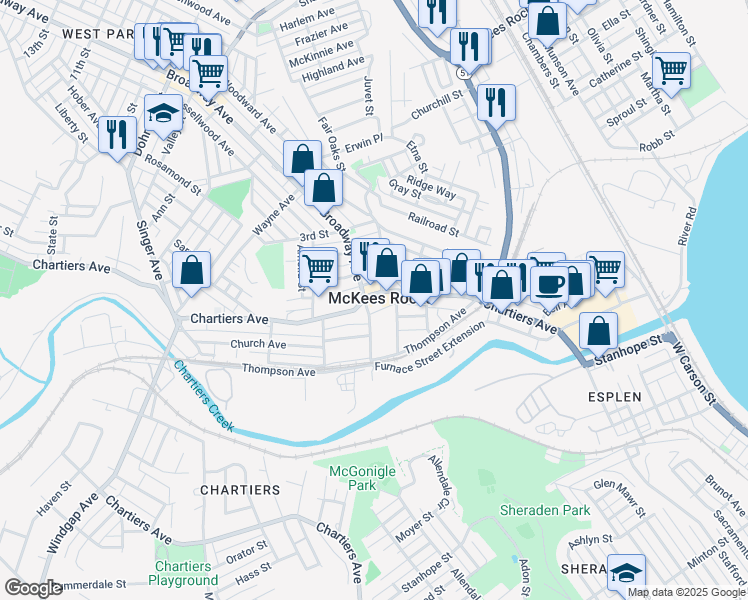 map of restaurants, bars, coffee shops, grocery stores, and more near 907 Chartiers Avenue in McKees Rocks