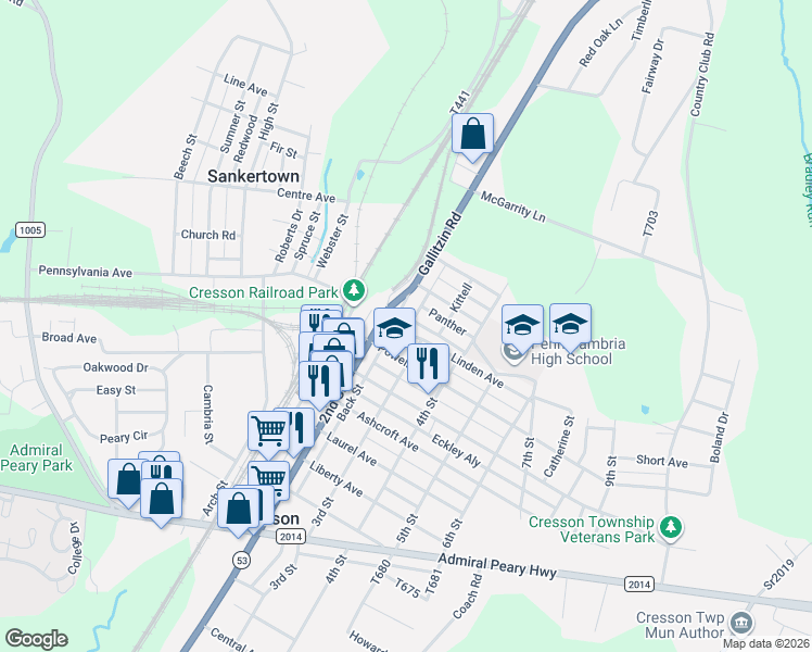 map of restaurants, bars, coffee shops, grocery stores, and more near 220-238 Columbus Avenue in Cresson