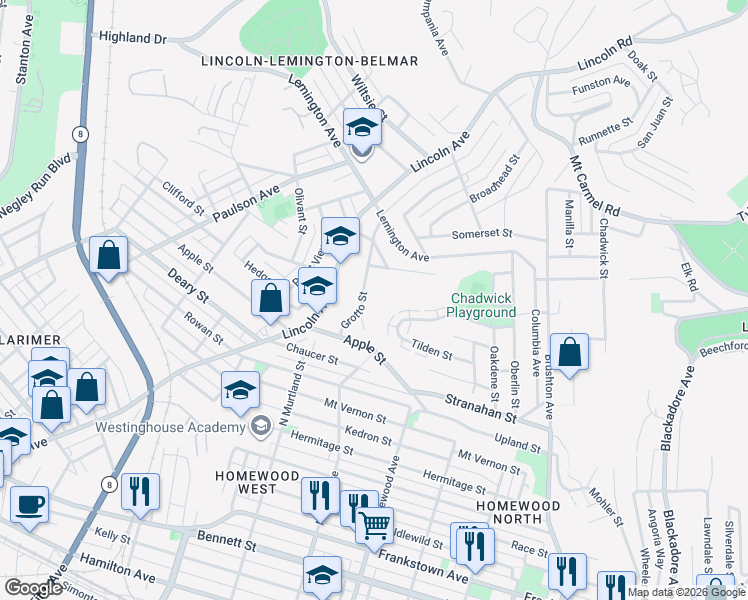 map of restaurants, bars, coffee shops, grocery stores, and more near 7110 Mingo Street in Pittsburgh