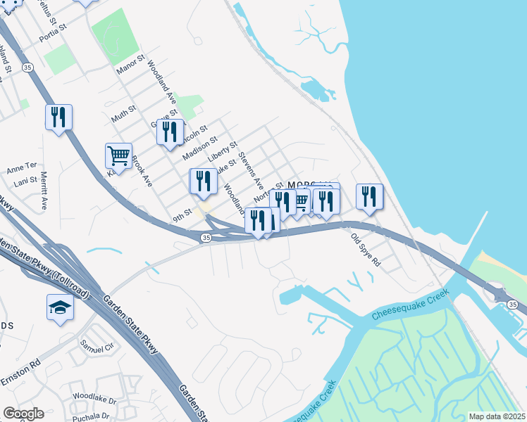 map of restaurants, bars, coffee shops, grocery stores, and more near 15 Raritan Avenue in South Amboy