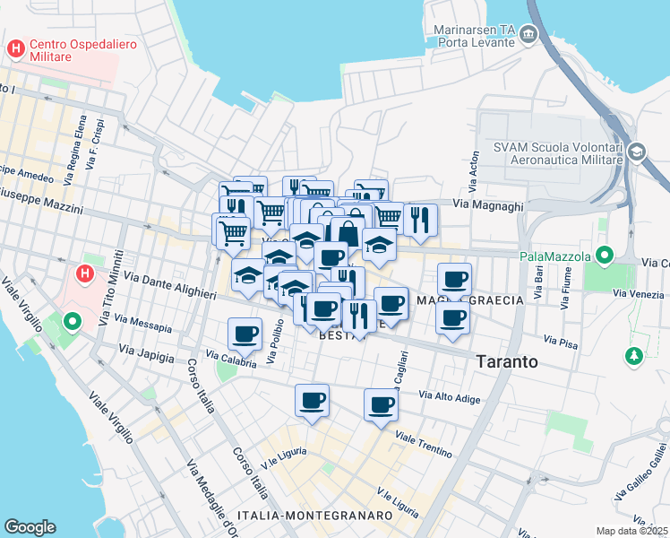 map of restaurants, bars, coffee shops, grocery stores, and more near 4 Via Salinella in Taranto