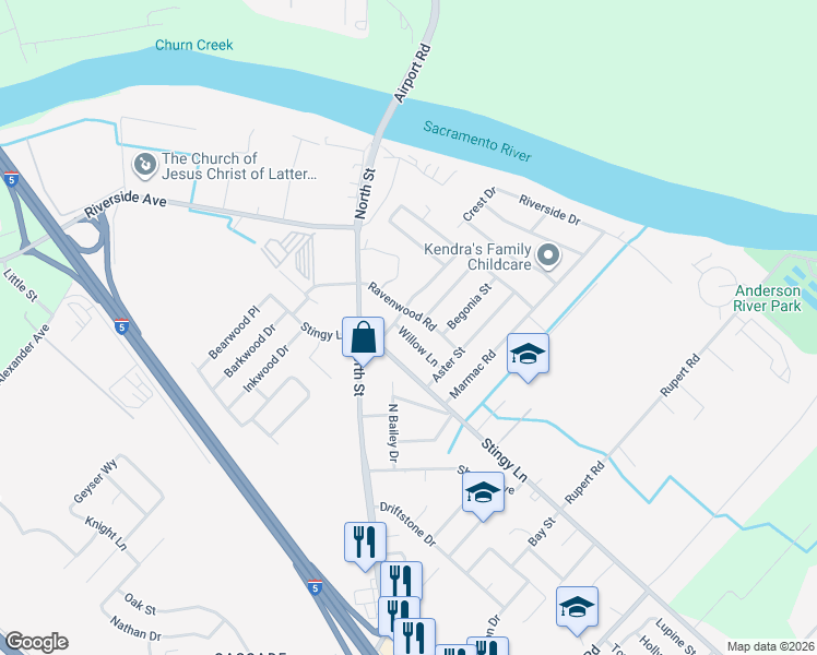 map of restaurants, bars, coffee shops, grocery stores, and more near 3433 Willow Lane in Anderson