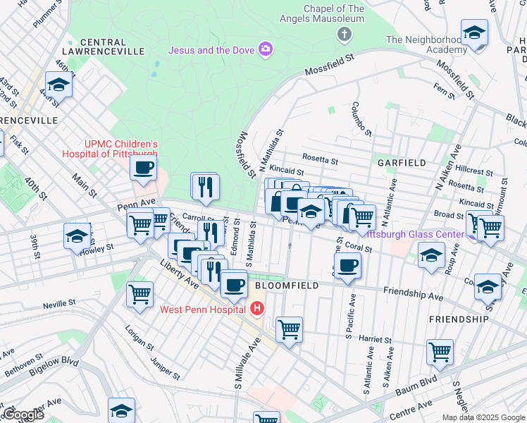 map of restaurants, bars, coffee shops, grocery stores, and more near 4823 Penn Avenue in Pittsburgh