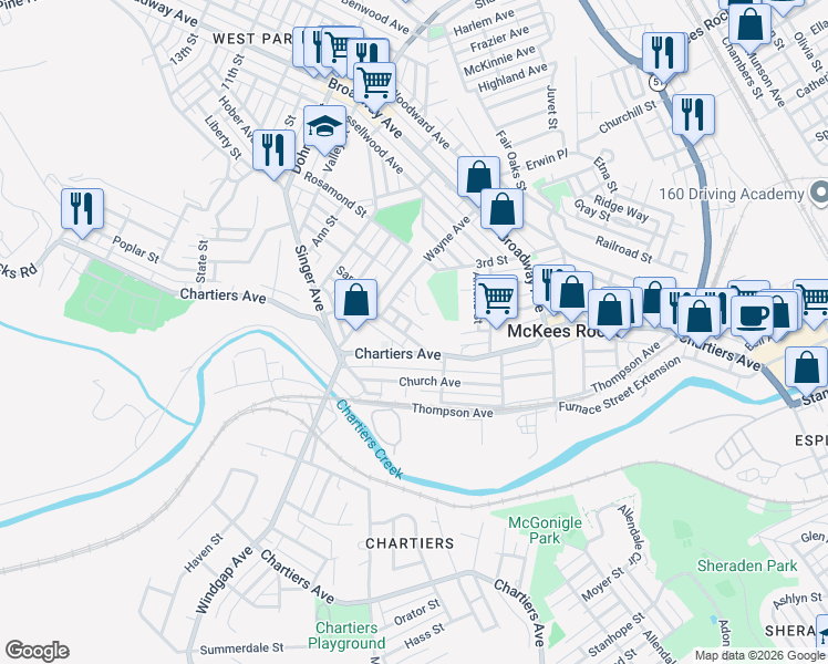 map of restaurants, bars, coffee shops, grocery stores, and more near 120 Greydon Avenue in McKees Rocks