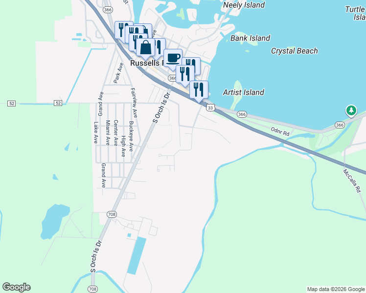 map of restaurants, bars, coffee shops, grocery stores, and more near 493 Madison Avenue in Russells Point
