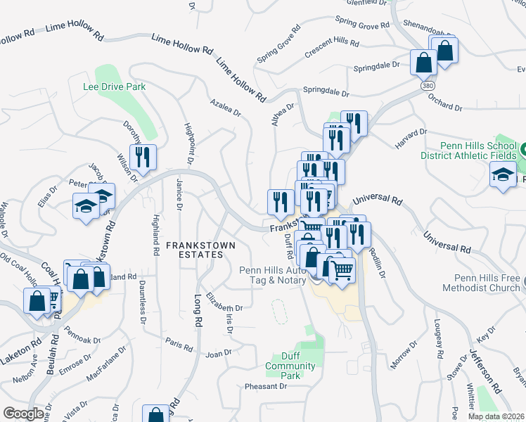 map of restaurants, bars, coffee shops, grocery stores, and more near 11643 Althea Drive in Pittsburgh
