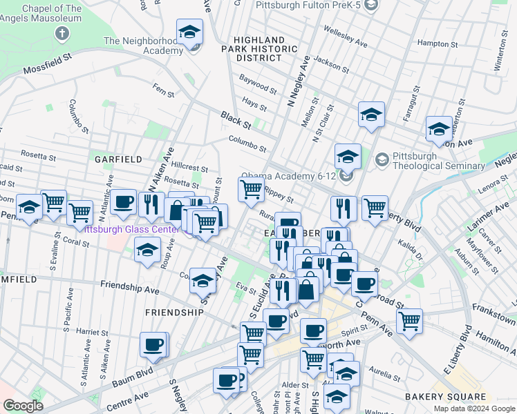 map of restaurants, bars, coffee shops, grocery stores, and more near 5611 Rural Street in Pittsburgh