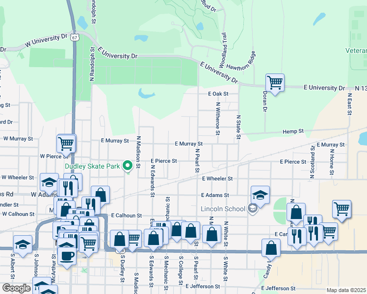 map of restaurants, bars, coffee shops, grocery stores, and more near 805 East Murray Street in Macomb