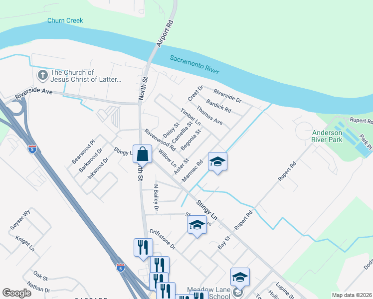map of restaurants, bars, coffee shops, grocery stores, and more near 3117 Aster Street in Anderson