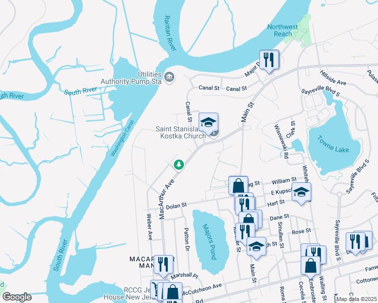 map of restaurants, bars, coffee shops, grocery stores, and more near 205 Macarthur Avenue in Sayreville