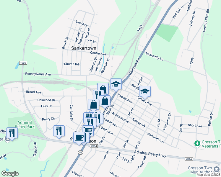 map of restaurants, bars, coffee shops, grocery stores, and more near 1st Alley in Cresson