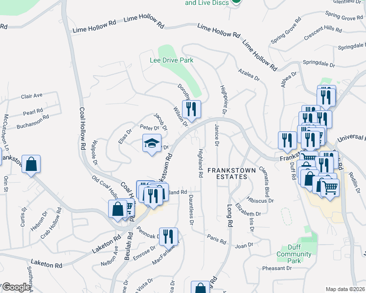 map of restaurants, bars, coffee shops, grocery stores, and more near 10960 Frankstown Road in Pittsburgh