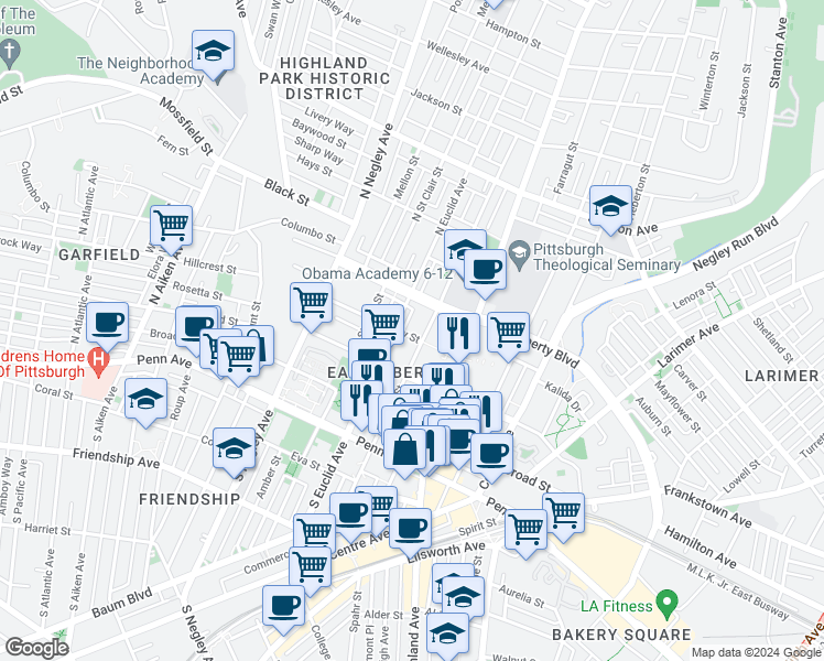 map of restaurants, bars, coffee shops, grocery stores, and more near 5800 Rippey Street in Pittsburgh