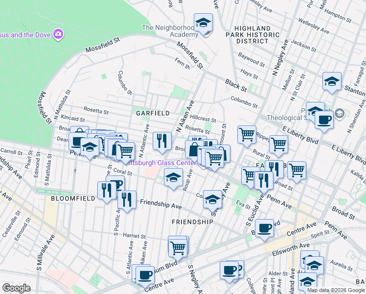 map of restaurants, bars, coffee shops, grocery stores, and more near 5422 Broad Street in Pittsburgh
