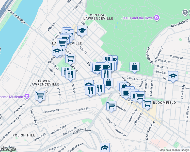 map of restaurants, bars, coffee shops, grocery stores, and more near 4063 Penn Avenue in Pittsburgh