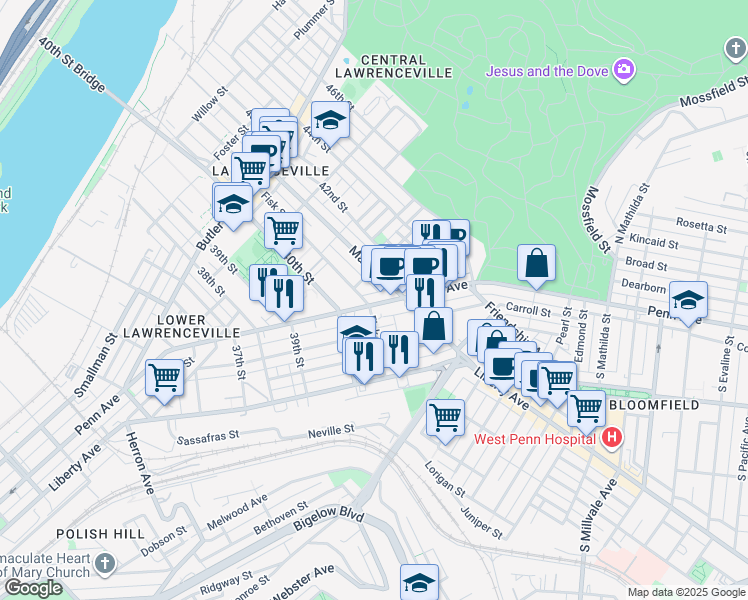 map of restaurants, bars, coffee shops, grocery stores, and more near 4063 Penn Avenue in Pittsburgh