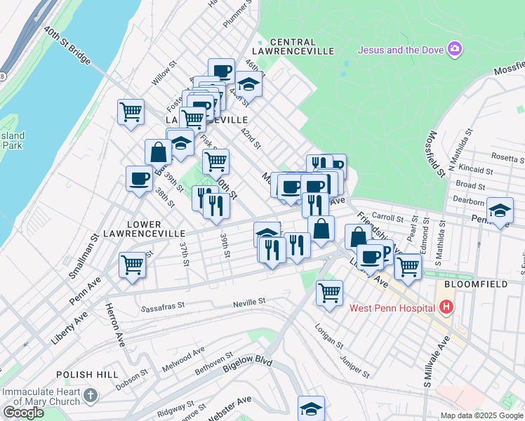 map of restaurants, bars, coffee shops, grocery stores, and more near in Pittsburgh