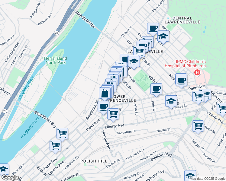 map of restaurants, bars, coffee shops, grocery stores, and more near in Pittsburgh