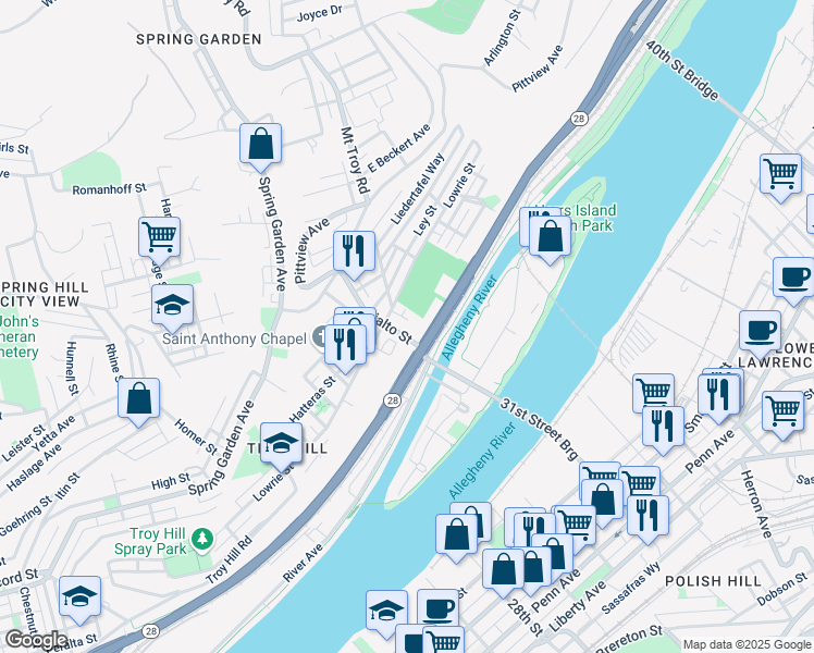 map of restaurants, bars, coffee shops, grocery stores, and more near 1505 Fleck Street in Pittsburgh