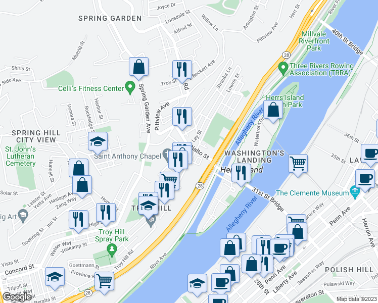 map of restaurants, bars, coffee shops, grocery stores, and more near 1830 Lowrie Street in Pittsburgh