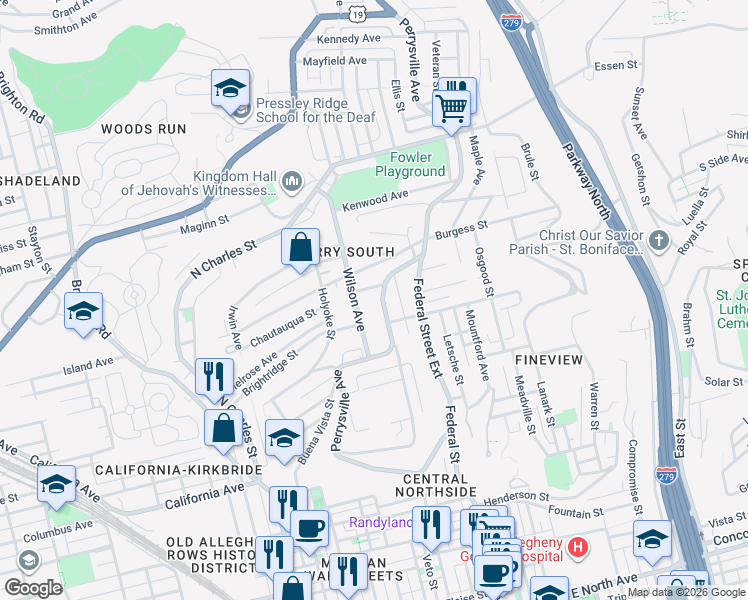 map of restaurants, bars, coffee shops, grocery stores, and more near 2216 Perrysville Avenue in Pittsburgh