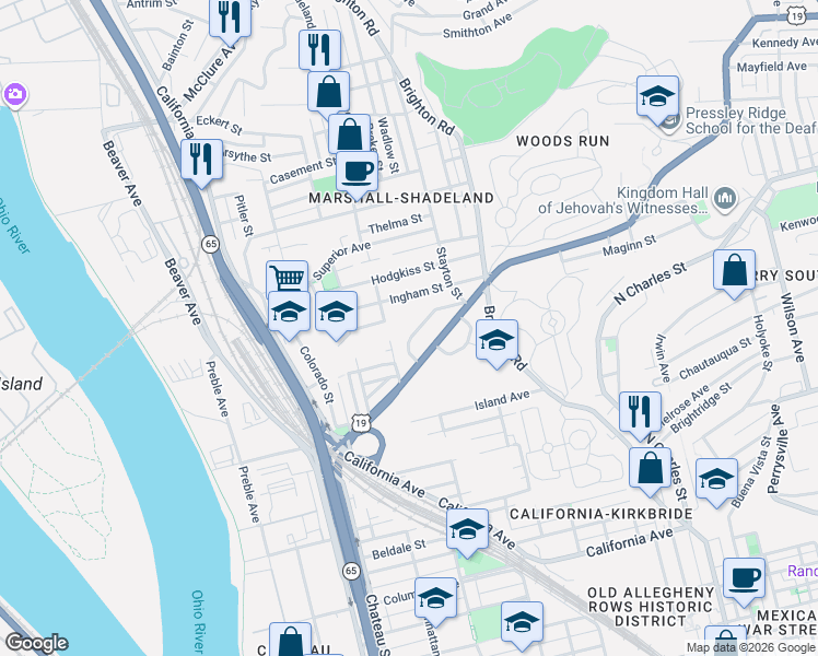 map of restaurants, bars, coffee shops, grocery stores, and more near 1170 New Hampshire Drive in Pittsburgh