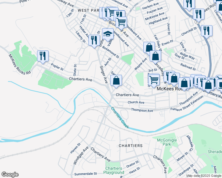 map of restaurants, bars, coffee shops, grocery stores, and more near 112 Singer Avenue in McKees Rocks