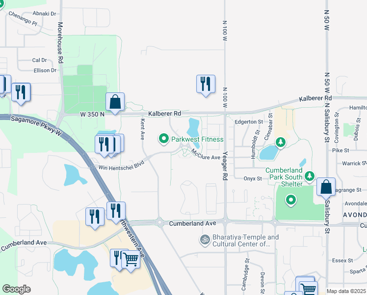 map of restaurants, bars, coffee shops, grocery stores, and more near 3482 McClure Ave in West Lafayette