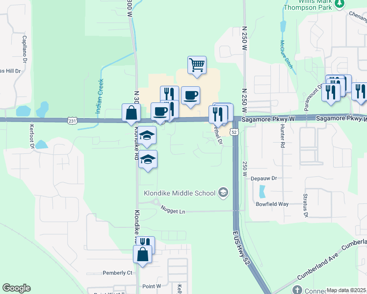 map of restaurants, bars, coffee shops, grocery stores, and more near 2731 Wyndham Court in West Lafayette