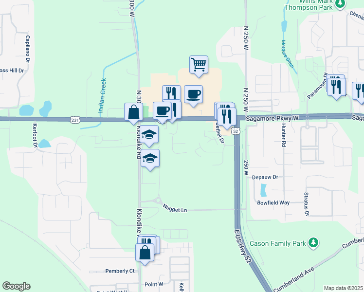 map of restaurants, bars, coffee shops, grocery stores, and more near 2731 Wyndham Court in West Lafayette