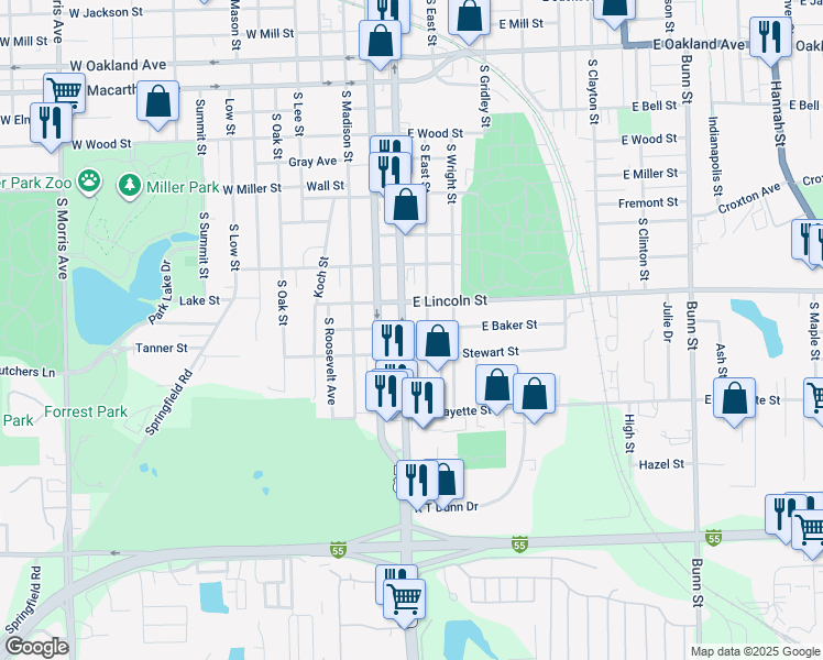 map of restaurants, bars, coffee shops, grocery stores, and more near 1410 South East Street in Bloomington