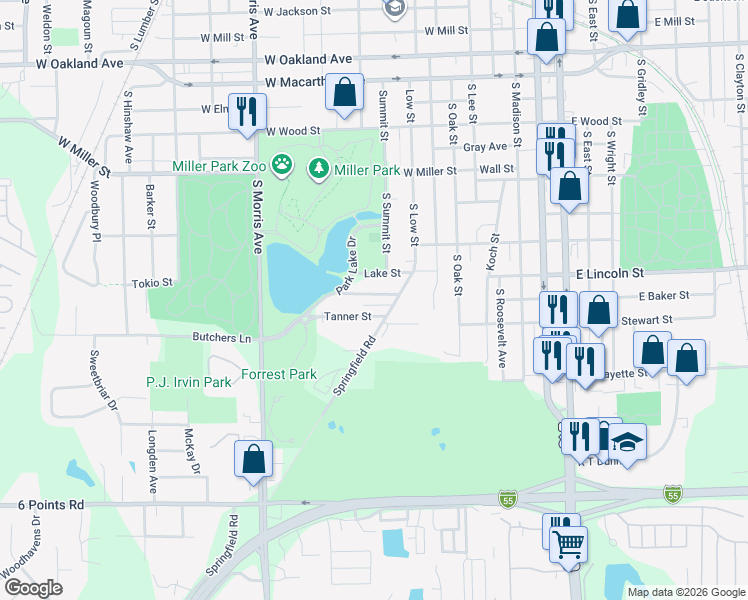 map of restaurants, bars, coffee shops, grocery stores, and more near 104 Van Schoick Street in Bloomington