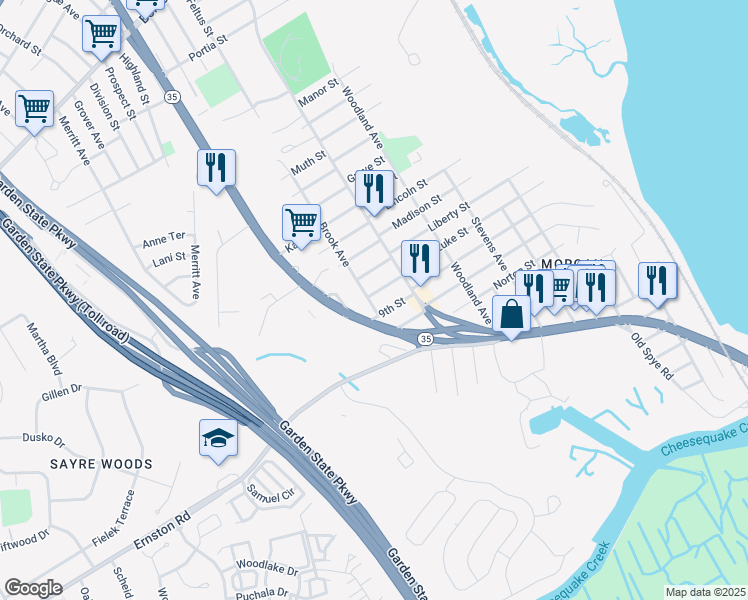 map of restaurants, bars, coffee shops, grocery stores, and more near 253 Armstrong Street in South Amboy