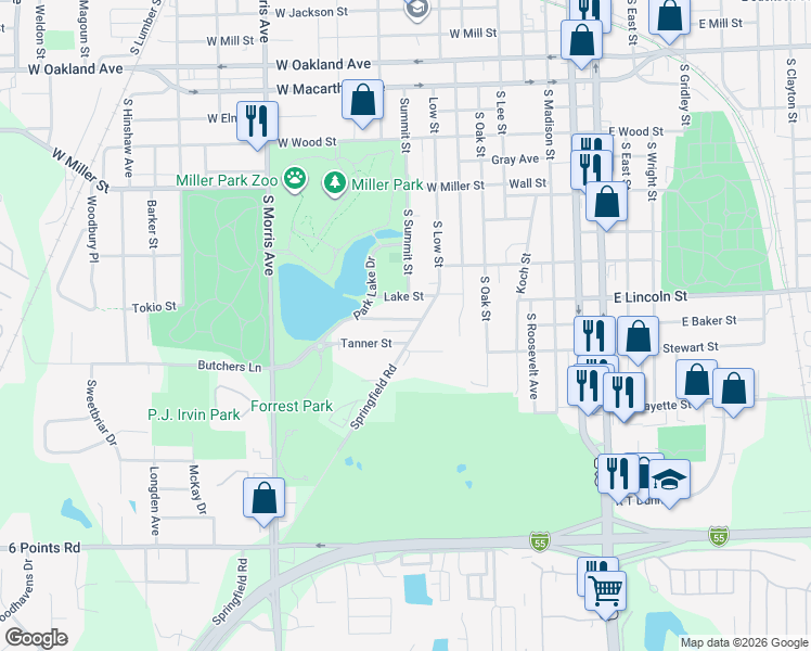 map of restaurants, bars, coffee shops, grocery stores, and more near 104 Van Schoick Street in Bloomington