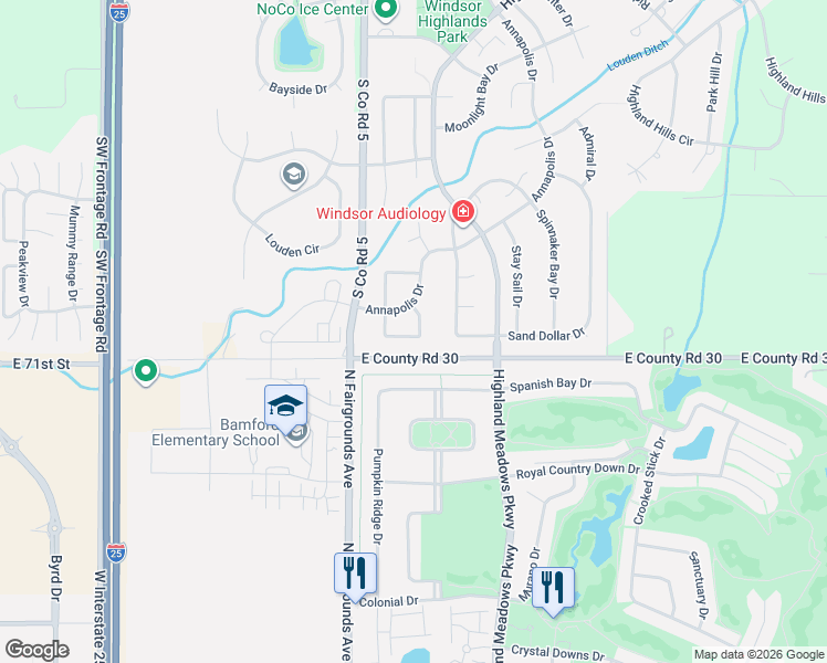 map of restaurants, bars, coffee shops, grocery stores, and more near 8454 Castaway Drive in Windsor