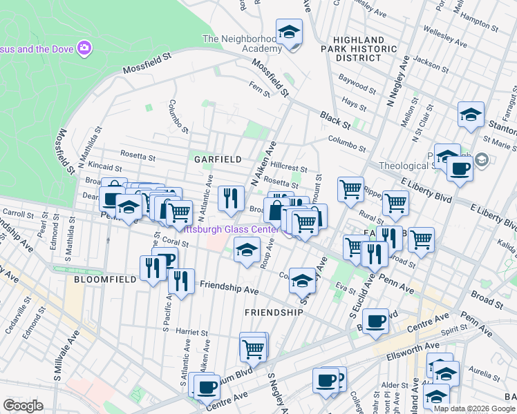 map of restaurants, bars, coffee shops, grocery stores, and more near 5422 Broad Street in Pittsburgh